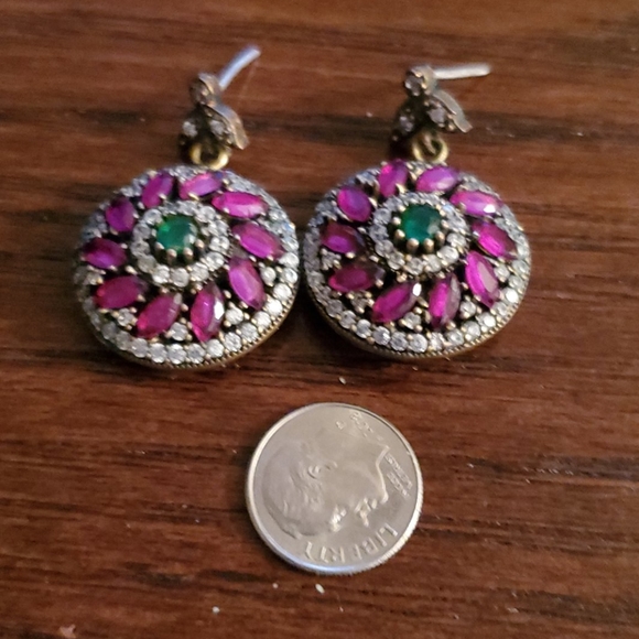 925 STERLING SILVER RUBY WITH EMERALD EARRINGS - Picture 4 of 4